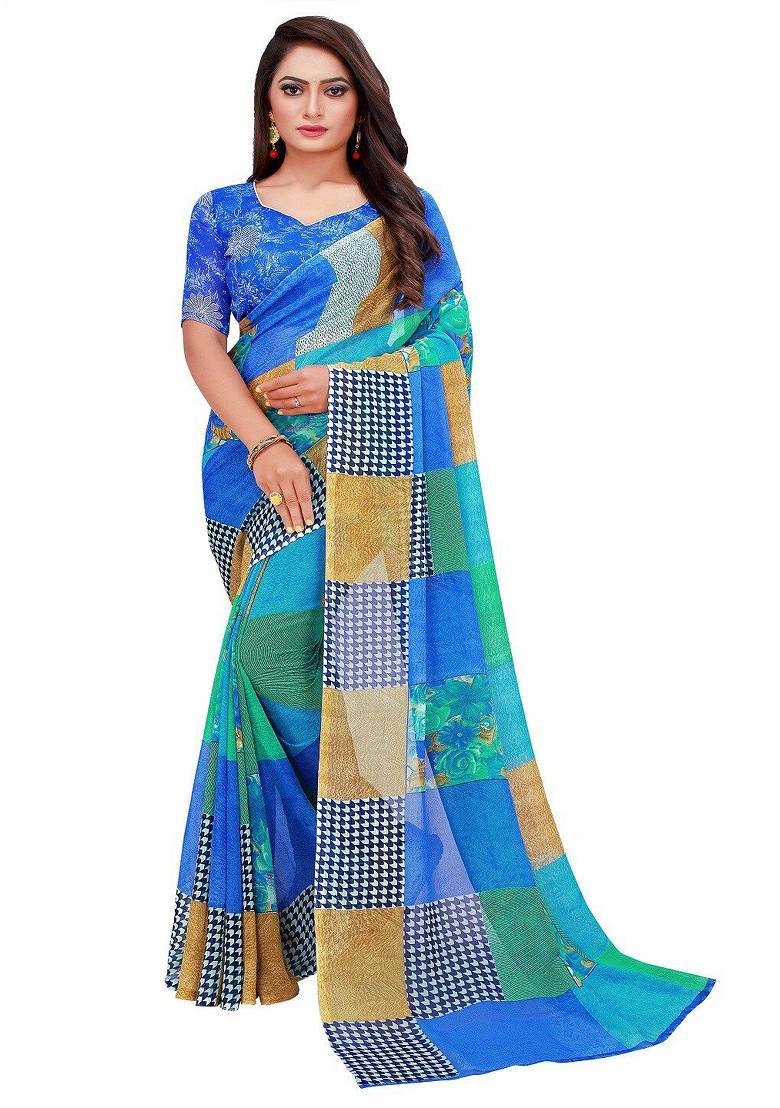 Blue Printed Georgette Saree Set