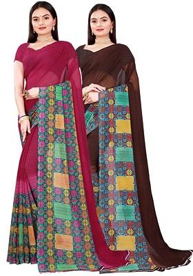 Brown Printed Georgette Saree Set (Set Of 2)