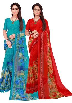 Red Embroidered Georgette Saree Set (Set Of 2)