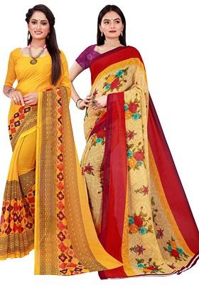 Beige Floral Georgette Saree Set (Set Of 2)