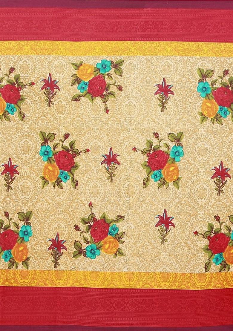 Beige Floral Georgette Saree Set (Set Of 2)