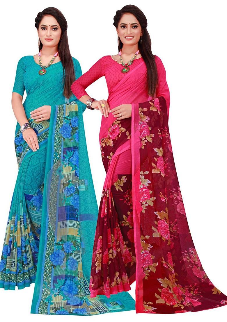 Turquoise Blue Floral Georgette Saree Set (Set Of 2)