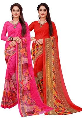 Red Floral Georgette Saree Set (Set Of 2)