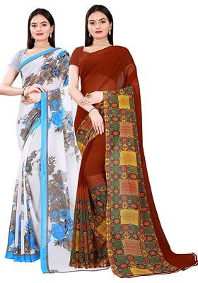 Brown Floral Georgette Saree Set (Set Of 2)