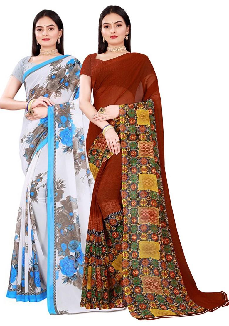 Brown Floral Georgette Saree Set (Set Of 2)