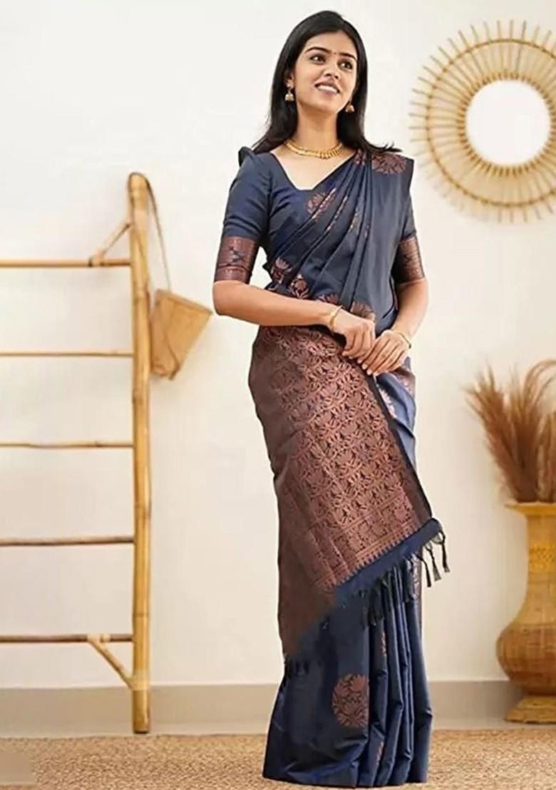 Navy Blue woven Kanjeevaram Saree Set