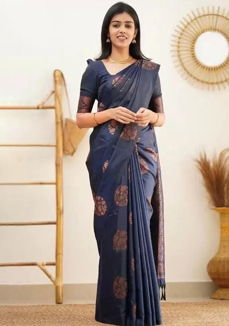 Navy Blue woven Kanjeevaram Saree Set