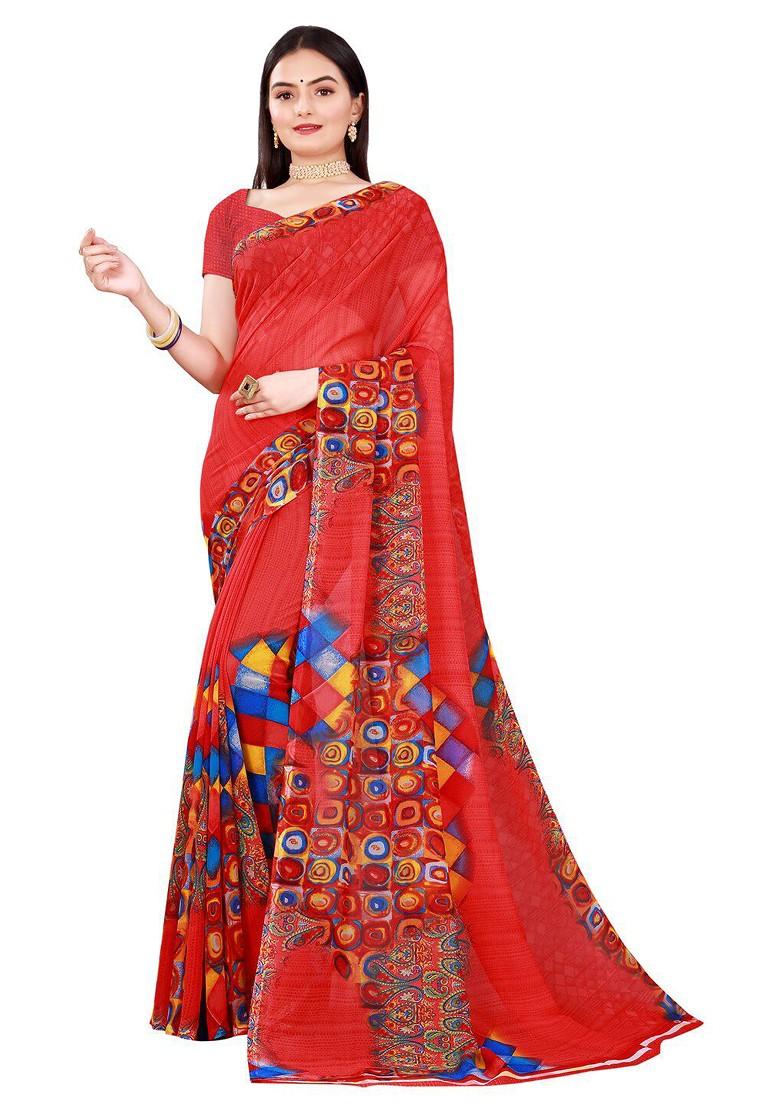 Red Embroidered Georgette Saree Set