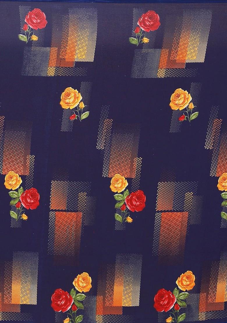 Navy Blue Embroidered Georgette Saree Set (Set Of 2)