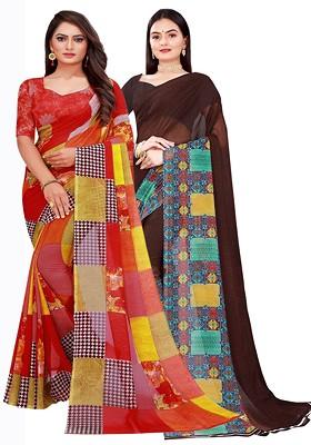 Red Embroidered Georgette Saree Set (Set Of 2)