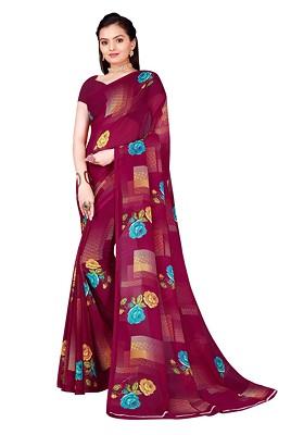 Purple Floral Georgette Saree Set