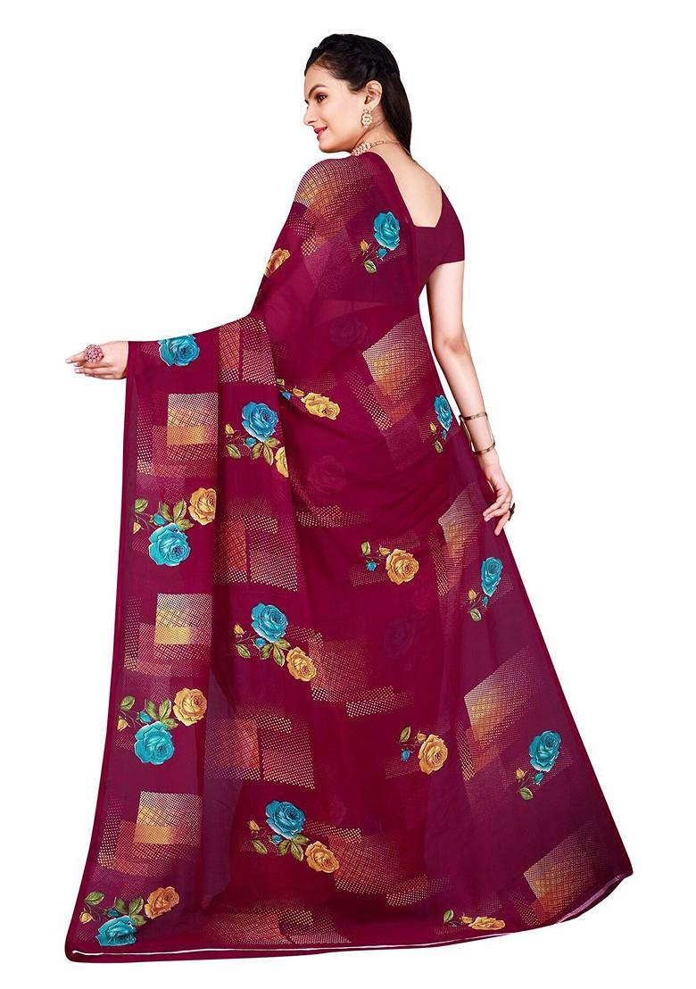 Purple Floral Georgette Saree Set