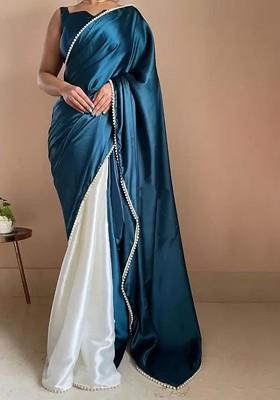 Turquoise Blue Embroidered Satin Saree Set