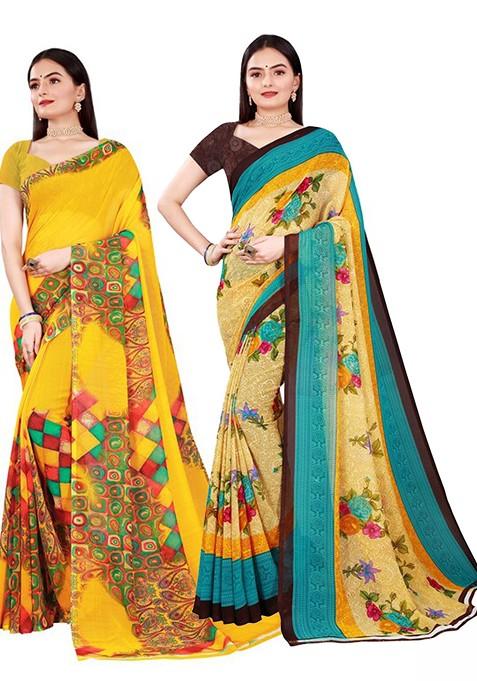 Yellow Floral Georgette Saree Set