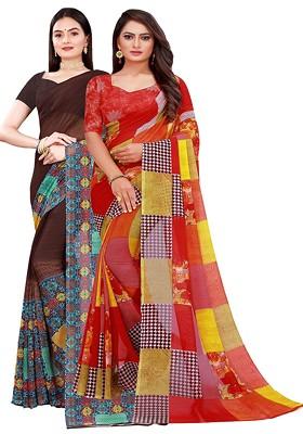 Multi Embroidered Georgette Saree Set (Set of 2)