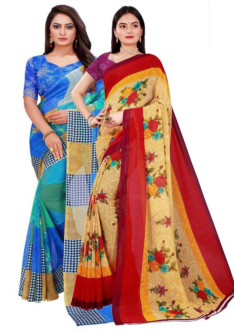 Blue Embroidered Georgette Saree Set (Set Of 2)