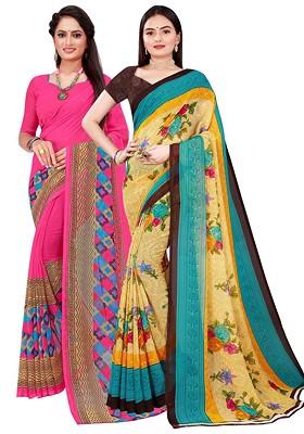 Beige Floral Georgette Saree Set (Set Of 2)