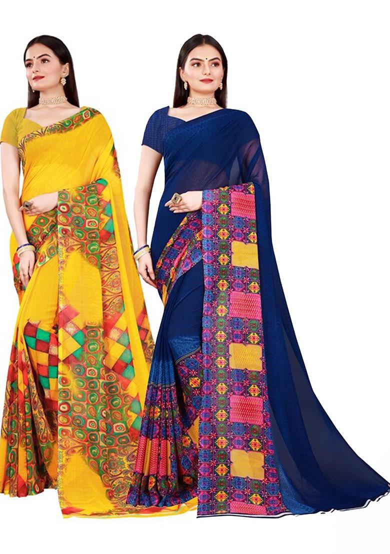 Navy Blue Embroidered Georgette Saree Set