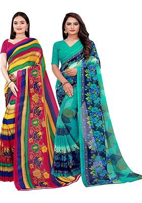 Green Floral Georgette Saree Set (Set Of 2)