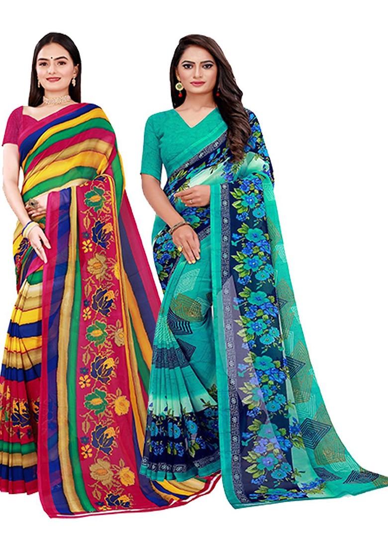 Green Floral Georgette Saree Set (Set Of 2)