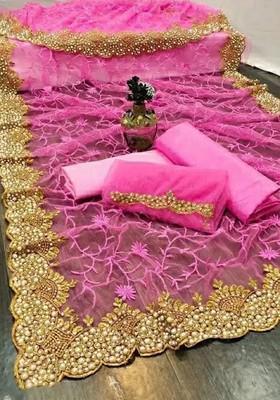 Pink Floral Poly Blend Saree Set