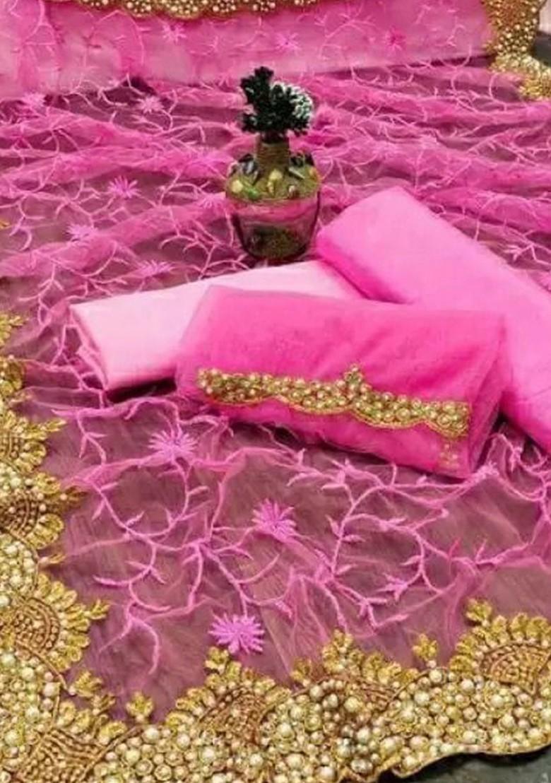 Pink Floral Poly Blend Saree Set