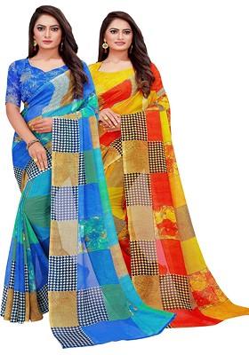 Blue Printed Georgette Saree Set (Set Of 2)