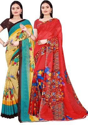 Beige Floral Georgette Saree Set (Set Of 2)
