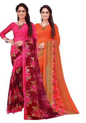 Orange Embroidered Georgette Saree Set (Set Of 2)