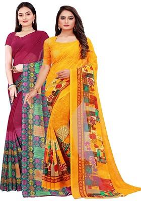 Maroon Floral Poly Blend Saree Set (Set Of 2)