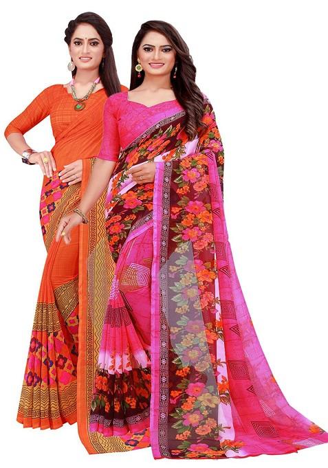 Orange Printed Georgette Saree Set
