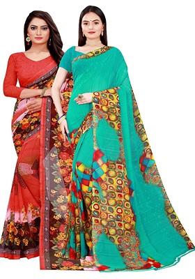 Red Printed Georgette Saree Set