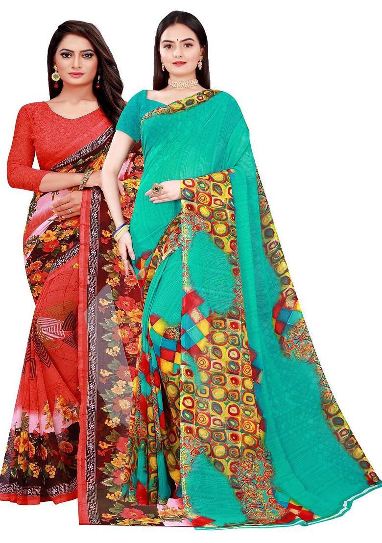 Red Printed Georgette Saree Set