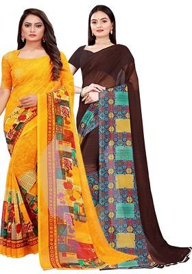 Brown Embroidered Georgette Saree Set (Set Of 2)