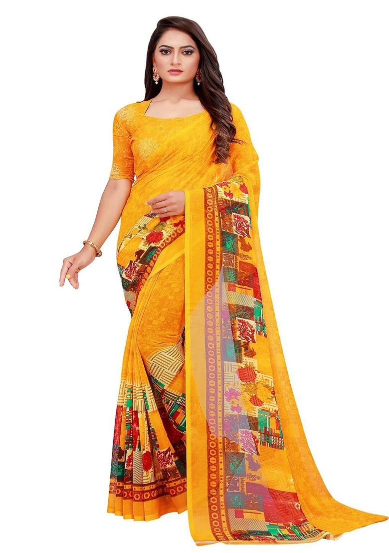 Brown Embroidered Georgette Saree Set (Set Of 2)