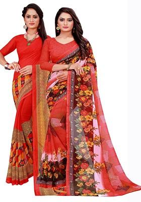Red Printed Georgette Saree Set (Set Of 2)