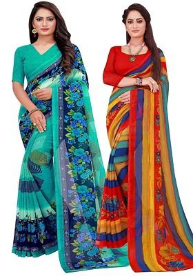 Turquoise Blue Floral Georgette Saree Set (Set Of 2)