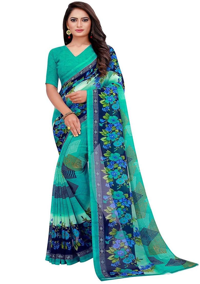 Turquoise Blue Floral Georgette Saree Set (Set Of 2)