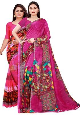 Pink Floral Georgette Saree Set (Set Of 2)