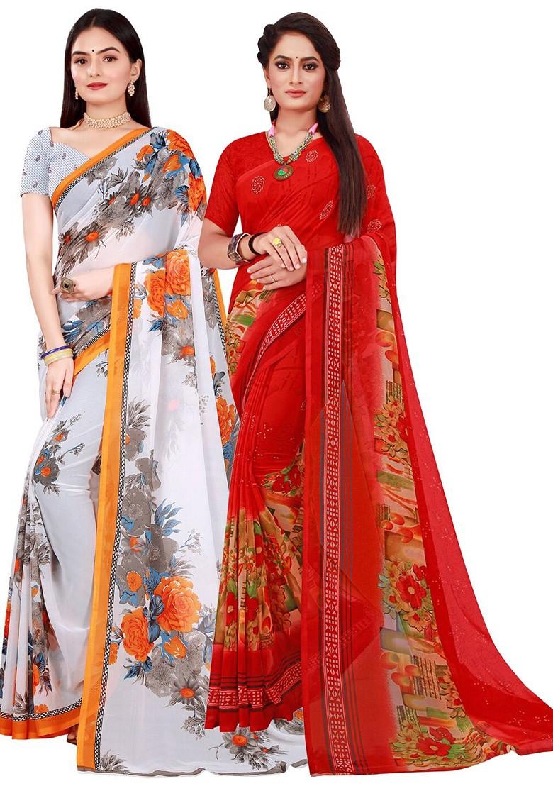 White Floral Georgette Saree Set