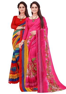 Magenta Printed Georgette Saree Set (Set Of 2)