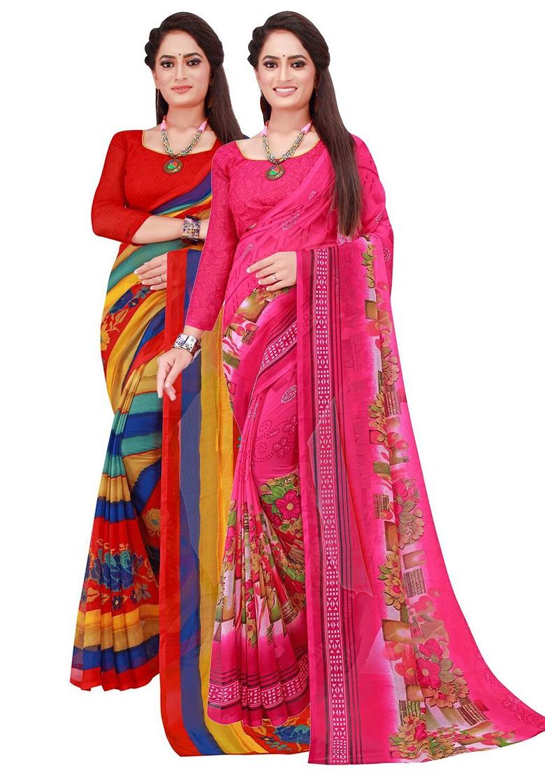 Magenta Printed Georgette Saree Set (Set Of 2)