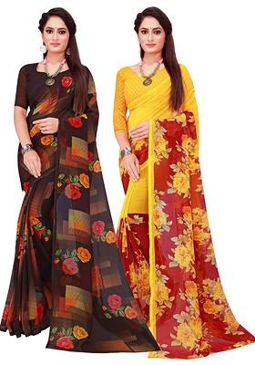 Black Embroidered Georgette Saree Set (Set Of 2)