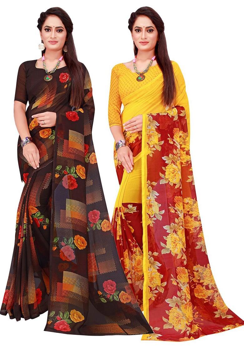 Black Embroidered Georgette Saree Set (Set Of 2)