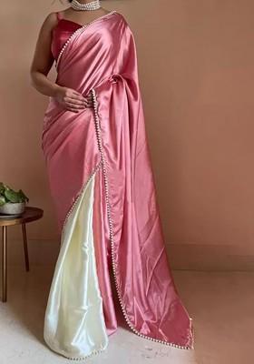 Pink Embroidered Satin Saree Set