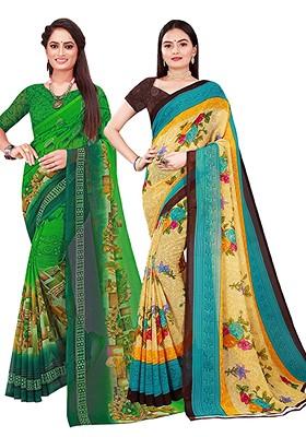Green Floral Georgette Saree Set (Set Of 2)