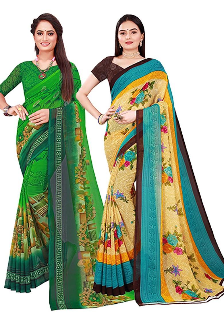 Green Floral Georgette Saree Set (Set Of 2)
