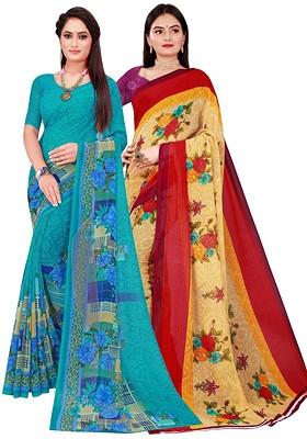 Beige Floral Georgette Saree Set (Set Of 2)