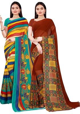Brown Embroidered Georgette Saree Set (Set Of 2)