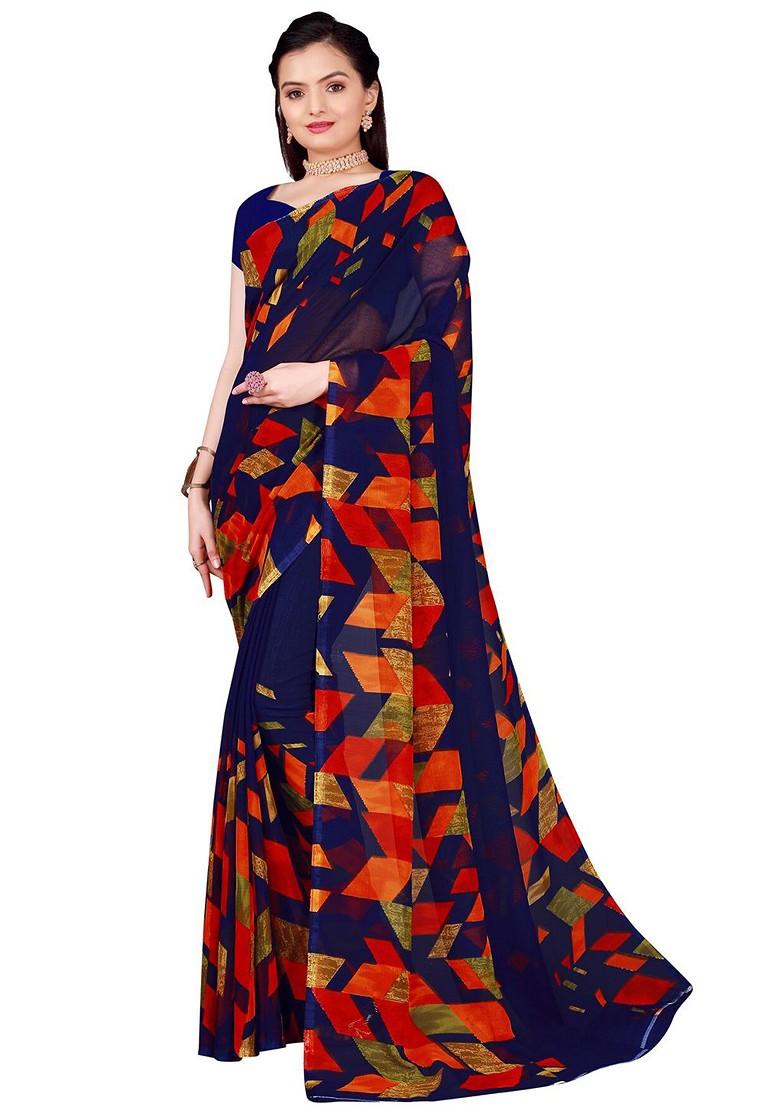 Navy Blue Printed Georgette Saree Set